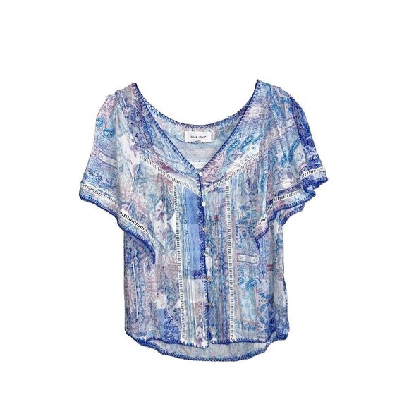 DEAR JOHN DENIM NY LA Petal Sleeve Lilac Breeze Patchwork Short Sleeve Top - Picture 2 of 9
